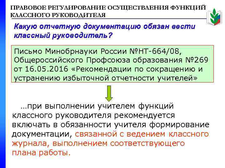 ПРАВОВОЕ РЕГУЛИРОВАНИЕ ОСУЩЕСТВЛЕНИЯ ФУНКЦИЙ КЛАССНОГО РУКОВОДИТЕЛЯ Какую отчетную документацию обязан вести классный руководитель? Письмо