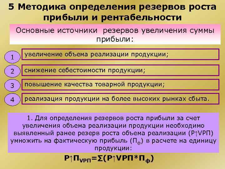 5 Методика определения резервов роста прибыли и рентабельности Основные источники резервов увеличения суммы прибыли: