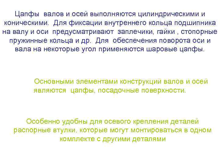 Цапфы валов и осей выполняются цилиндрическими и коническими. Для фиксации внутреннего кольца подшипника на