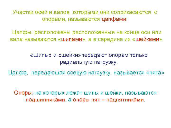 Участки осей и валов, которыми они соприкасаются с опорами, называются цапфами. Цапфы, расположены расположенные