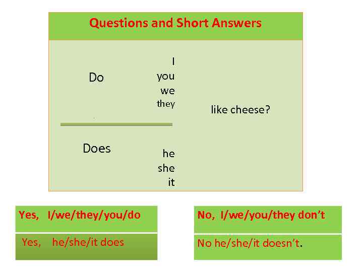 Questions and Short Answers Do I you we they Does like cheese? he she