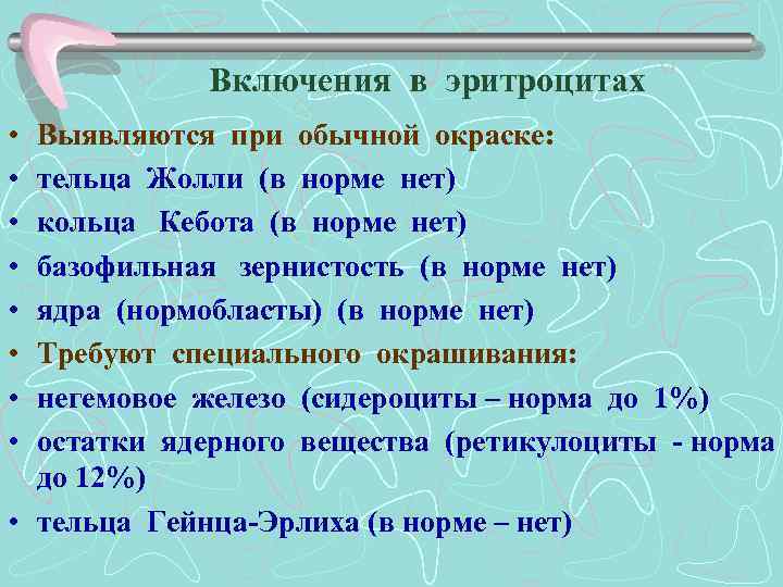Включения в эритроцитах • • Выявляются при обычной окраске: тельца Жолли (в норме нет)