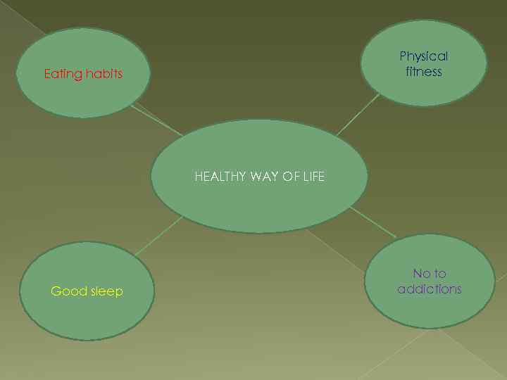 Physical fitness Eating habits HEALTHY WAY OF LIFE Good sleep No to addictions 