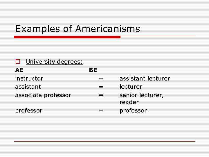 Examples of Americanisms o University degrees: AE instructor assistant associate professor BE = =