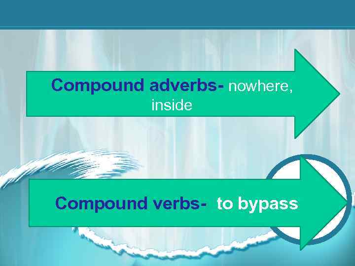 Compound adverbs- nowhere, inside Compound verbs- to bypass 