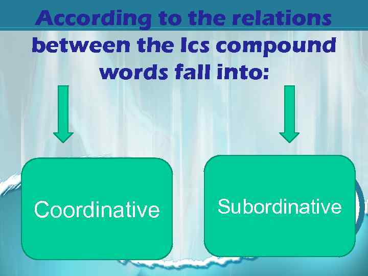 According to the relations between the Ics compound words fall into: Coordinative Subordinative 