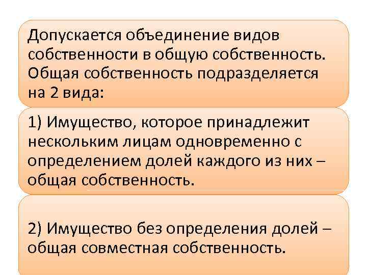 Допускается объединение видов собственности в общую собственность. Общая собственность подразделяется на 2 вида: 1)