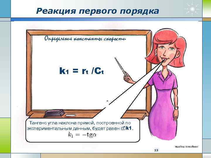 Реакция первого порядка Определение константы скорости k 1 = rt /Ct Тангенс угла наклона