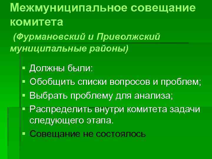 Межмуниципальное совещание комитета (Фурмановский и Приволжский муниципальные районы) § § Должны были: Обобщить списки