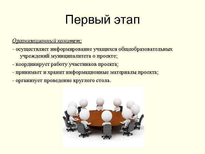 Первый этап Организационный комитет: - осуществляет информирование учащихся общеобразовательных учреждений муниципалитета о проекте; -