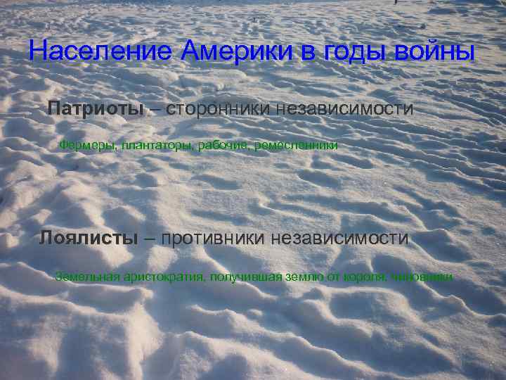 Население Америки в годы войны Патриоты – сторонники независимости Фермеры, плантаторы, рабочие, ремесленники Лоялисты