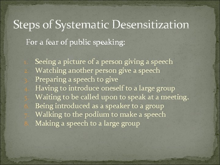 Steps of Systematic Desensitization For a fear of public speaking: 1. 2. 3. 4.