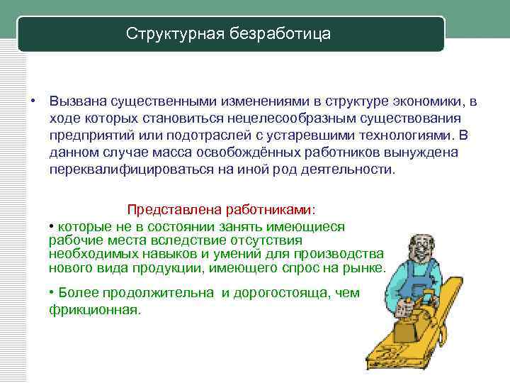 Структурная безработица • Вызвана существенными изменениями в структуре экономики, в ходе которых становиться нецелесообразным