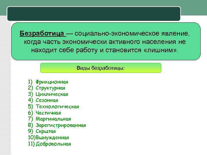 Безработица — социально-экономическое явление, когда часть экономически активного населения не находит себе работу и