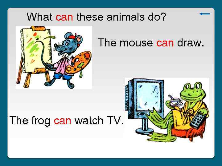 What can these animals do? The mouse can draw. The frog can watch TV.