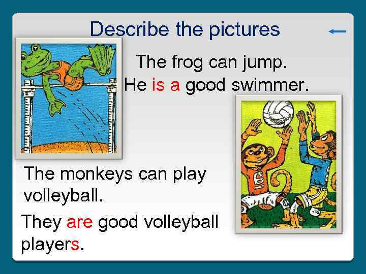 Describe the pictures The frog can jump. He is a good swimmer. The monkeys