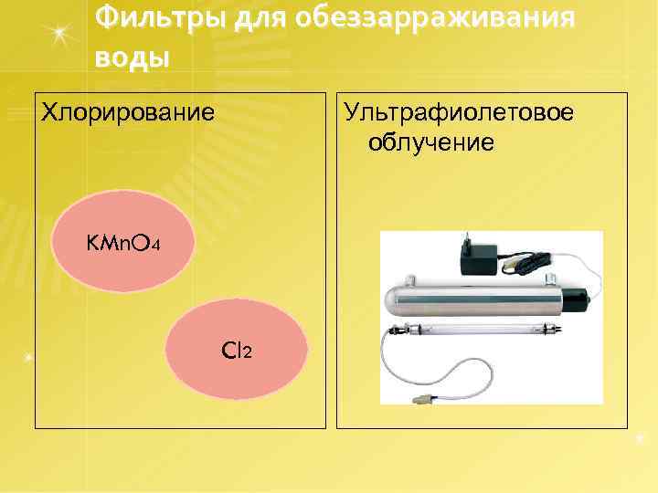 Фильтры для обеззарраживания воды Хлорирование Ультрафиолетовое облучение KMn. O 4 Cl 2 