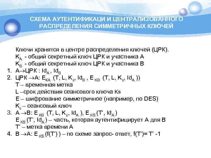 СХЕМА АУТЕНТИФИКАЦИ И ЦЕНТРАЛИЗОВАННОГО РАСПРЕДЕЛЕНИЯ СИММЕТРИЧНЫХ КЛЮЧЕЙ 1. 2. 3. 4. Ключи хранятся в