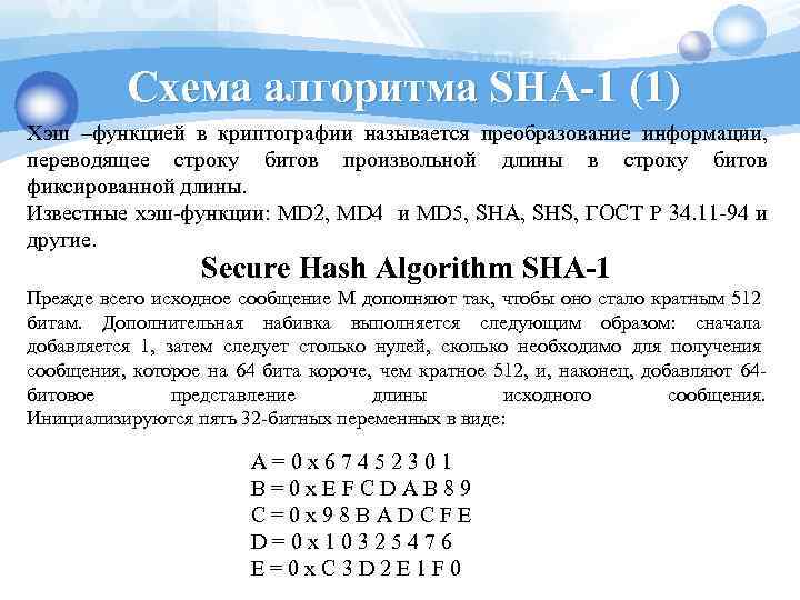 Схема алгоритма SHA-1 (1) Хэш –функцией в криптографии называется преобразование информации, переводящее строку битов