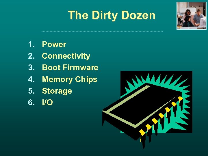 The Dirty Dozen 1. 2. 3. 4. 5. 6. Power Connectivity Boot Firmware Memory