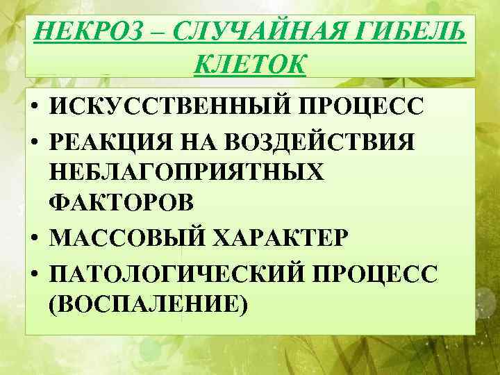 НЕКРОЗ – СЛУЧАЙНАЯ ГИБЕЛЬ КЛЕТОК • ИСКУССТВЕННЫЙ ПРОЦЕСС • РЕАКЦИЯ НА ВОЗДЕЙСТВИЯ НЕБЛАГОПРИЯТНЫХ ФАКТОРОВ