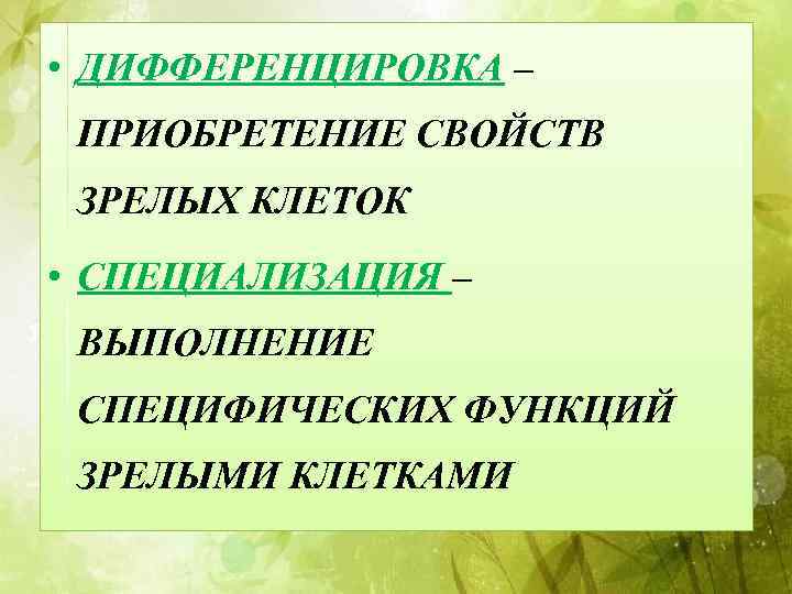  • ДИФФЕРЕНЦИРОВКА – ПРИОБРЕТЕНИЕ СВОЙСТВ ЗРЕЛЫХ КЛЕТОК • СПЕЦИАЛИЗАЦИЯ – ВЫПОЛНЕНИЕ СПЕЦИФИЧЕСКИХ ФУНКЦИЙ