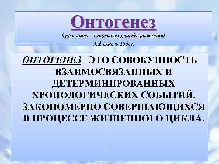 Онтогенез (греч. ontos – существо; genesis- развитие) Э. Геккель 1866 г. ОНТОГЕНЕЗ –ЭТО СОВОКУПНОСТЬ