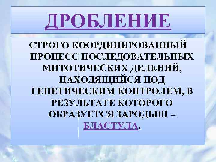 ДРОБЛЕНИЕ СТРОГО КООРДИНИРОВАННЫЙ ПРОЦЕСС ПОСЛЕДОВАТЕЛЬНЫХ МИТОТИЧЕСКИХ ДЕЛЕНИЙ, НАХОДЯЩИЙСЯ ПОД ГЕНЕТИЧЕСКИМ КОНТРОЛЕМ, В РЕЗУЛЬТАТЕ КОТОРОГО