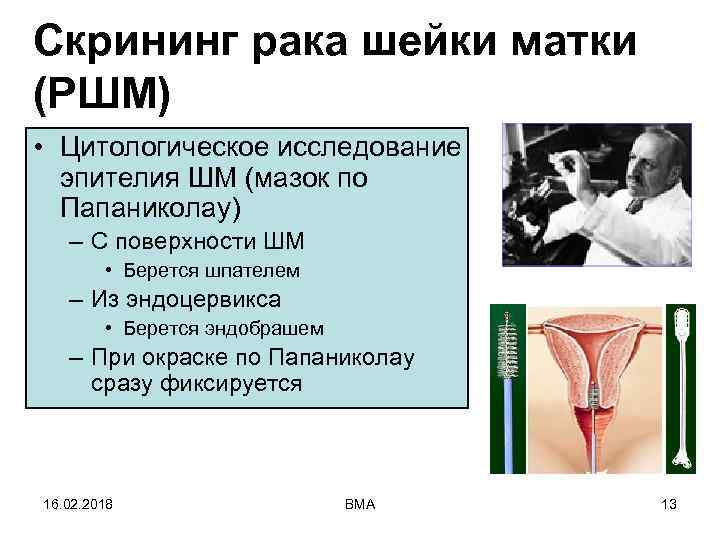 Скрининг рака шейки матки (РШМ) • Цитологическое исследование эпителия ШМ (мазок по Папаниколау) –