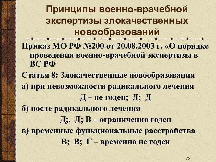 Принципы военно-врачебной экспертизы злокачественных новообразований Приказ МО РФ № 200 от 20. 08. 2003