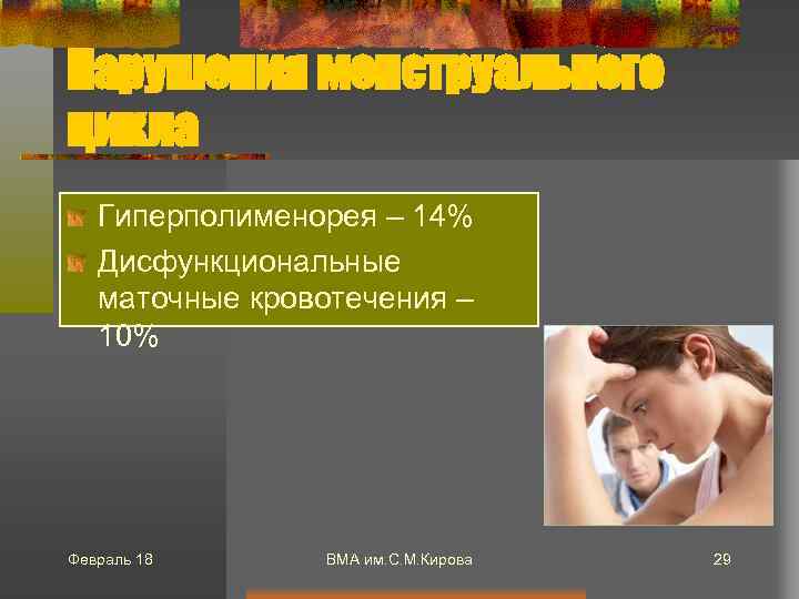 Нарушения менструального цикла Гиперполименорея – 14% Дисфункциональные маточные кровотечения – 10% Февраль 18 ВМА