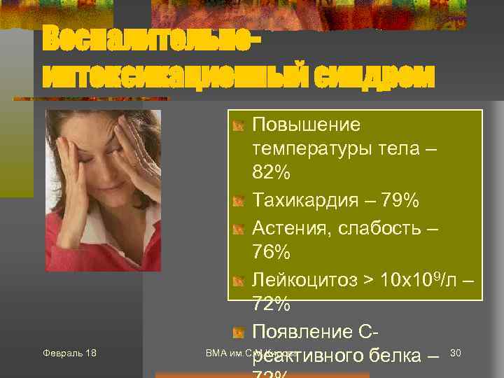 Воспалительноинтоксикационный синдром Февраль 18 Повышение температуры тела – 82% Тахикардия – 79% Астения, слабость