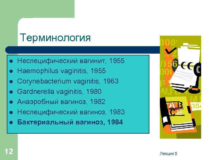 Терминология l l l l 12 Неспецифический вагинит, 1955 Haemophilus vaginitis, 1955 Corynebacterium vaginitis,