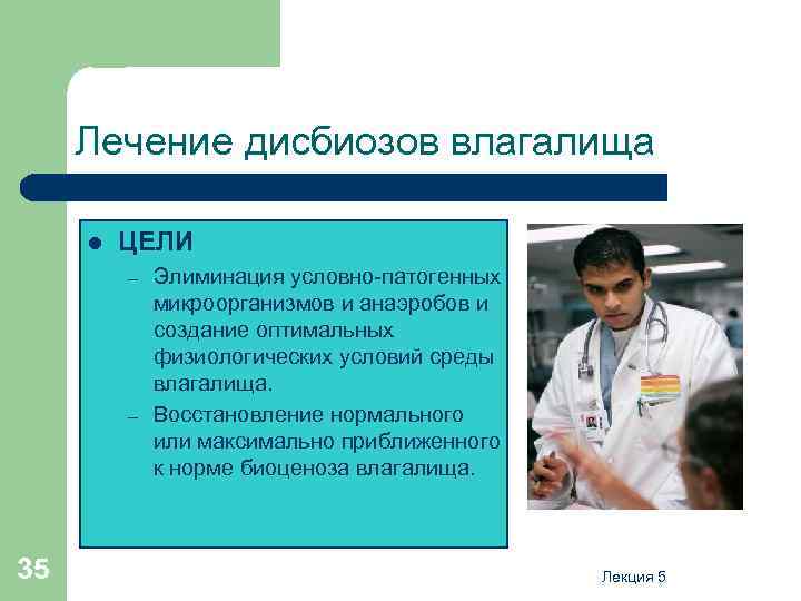 Лечение дисбиозов влагалища l ЦЕЛИ – – 35 Элиминация условно-патогенных микроорганизмов и анаэробов и