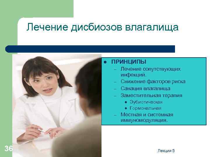 Лечение дисбиозов влагалища l ПРИНЦИПЫ – – Лечение сопутствующих инфекций. Снижение факторов риска Санация