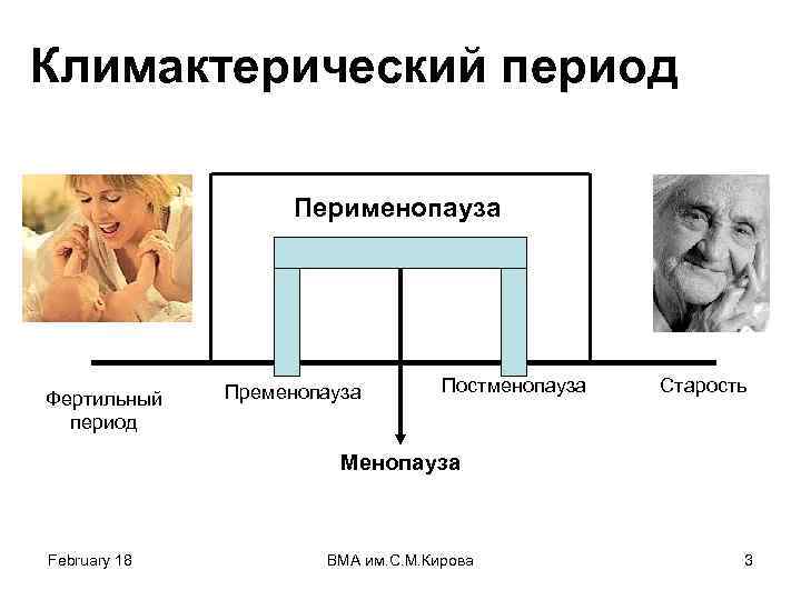 Климактерический период Перименопауза Фертильный период Пременопауза Постменопауза Старость Менопауза February 18 ВМА им. С.
