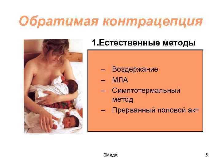 Обратимая контрацепция 1. Естественные методы – Воздержание – МЛА – Симптотермальный метод – Прерванный