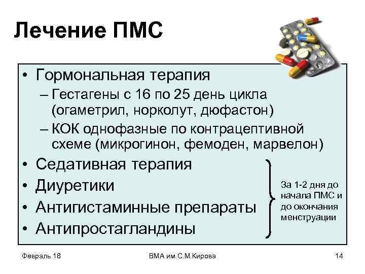 Лечение ПМС • Гормональная терапия – Гестагены с 16 по 25 день цикла (огаметрил,