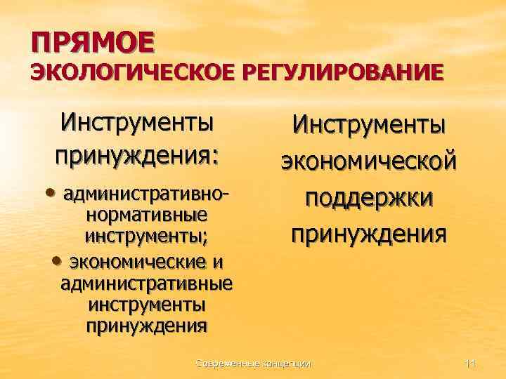 ПРЯМОЕ ЭКОЛОГИЧЕСКОЕ РЕГУЛИРОВАНИЕ Инструменты принуждения: • административно- нормативные инструменты; • экономические и административные инструменты