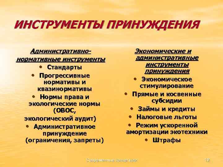 ИНСТРУМЕНТЫ ПРИНУЖДЕНИЯ Административнонормативные инструменты • Стандарты • Прогрессивные нормативы и квазинормативы • Нормы права