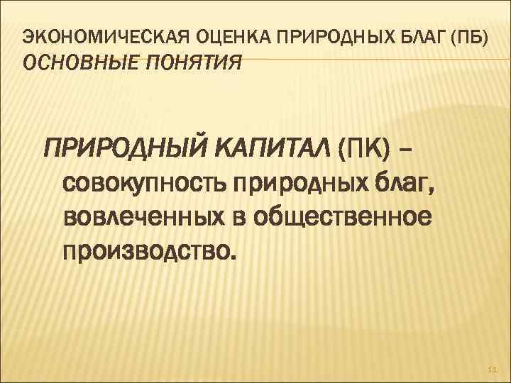 ЭКОНОМИЧЕСКАЯ ОЦЕНКА ПРИРОДНЫХ БЛАГ (ПБ) ОСНОВНЫЕ ПОНЯТИЯ ПРИРОДНЫЙ КАПИТАЛ (ПК) – совокупность природных благ,