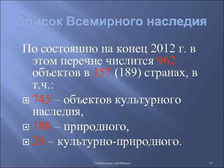 Список Всемирного наследия По состоянию на конец 2012 г. в этом перечне числится 962