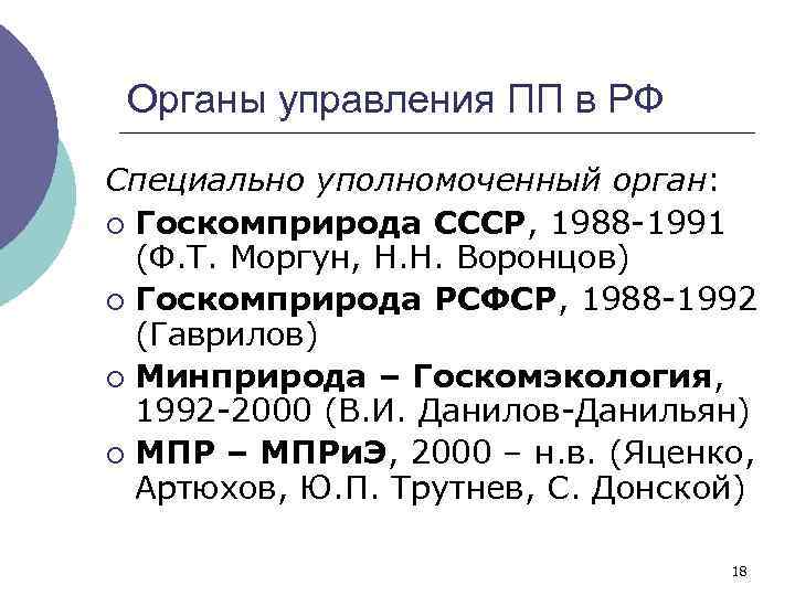 Органы управления ПП в РФ Специально уполномоченный орган: ¡ Госкомприрода СССР, 1988 -1991 (Ф.