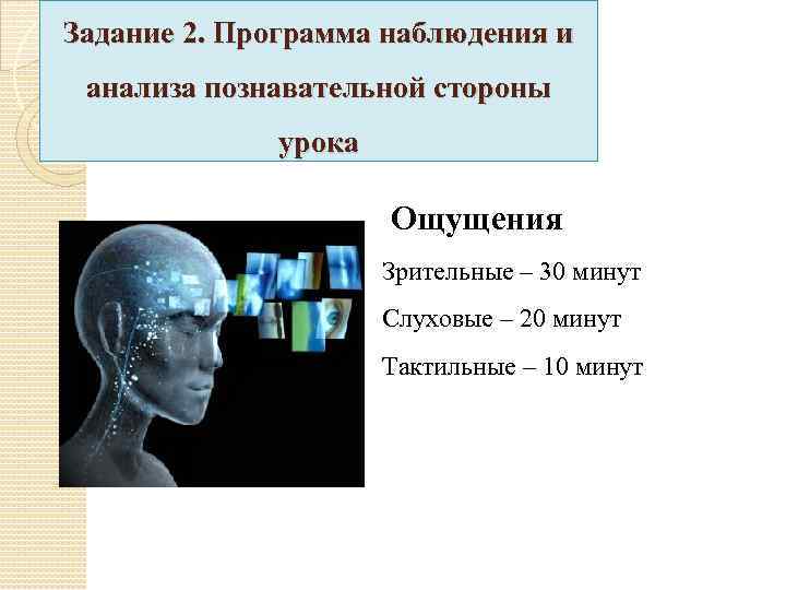 Задание 2. Программа наблюдения и анализа познавательной стороны урока Ощущения Зрительные – 30 минут