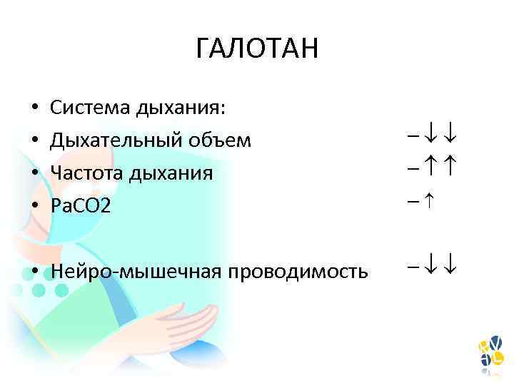 ГАЛОТАН • • Система дыхания: Дыхательный объем Частота дыхания Ра. СО 2 • Нейро-мышечная
