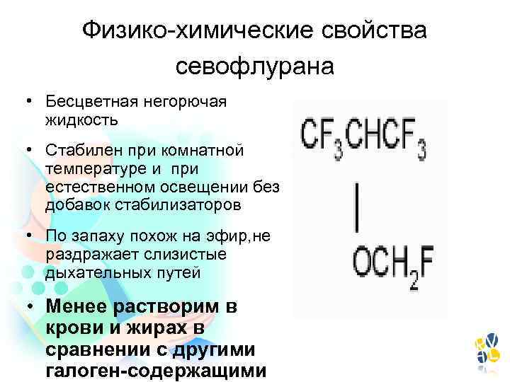Физико-химические свойства севофлурана • Бесцветная негорючая жидкость • Стабилен при комнатной температуре и при