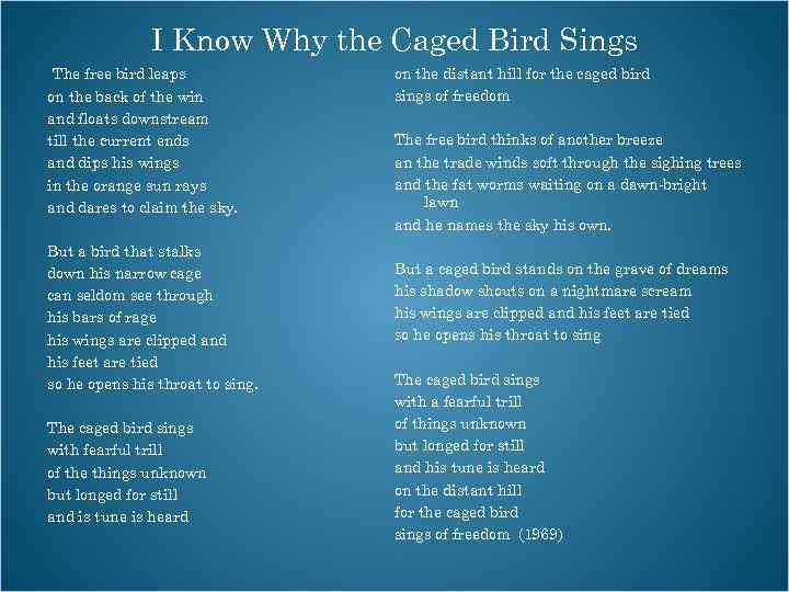 I Know Why the Caged Bird Sings The free bird leaps on the back