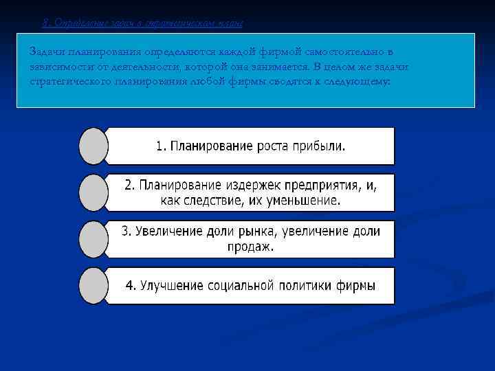 8. Определение задач в стратегическом плане Задачи планирования определяются каждой фирмой самостоятельно в зависимости
