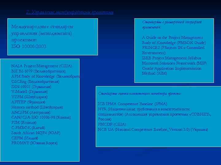 2. Управление международными проектами Международные стандарты управления (менеджмента) проектами: ISO 10006: 2003 NASA Project