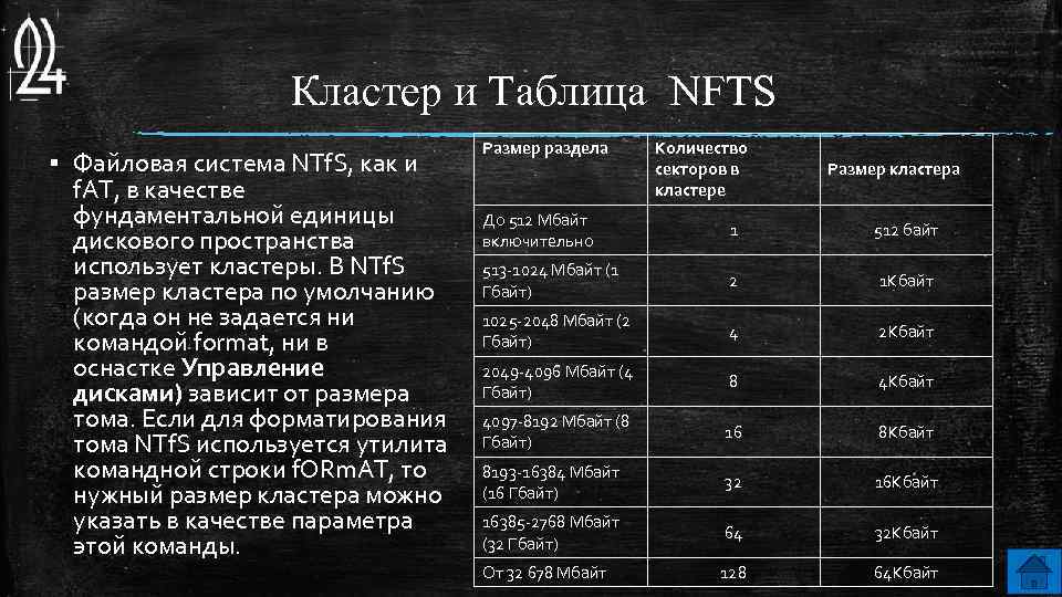 Кластер и Таблица NFTS ▪ Файловая система NTf. S, как и f. AT, в